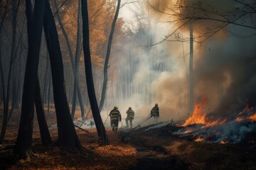 Firefighters fighting a wildfire in a deep forest with dark smoke. Dangerous wildfire in a jungle with burning trees and smoky background. Fireman walking inside a wildfire in a jungle. Generative AI.