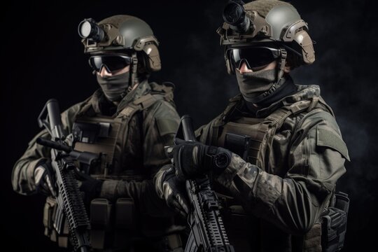 Elite special force wearing futuristic helmets and gear for warfare missions. Modern special force holding assault rifles realistic illustration. A military tactical force with weapons. Generative AI.
