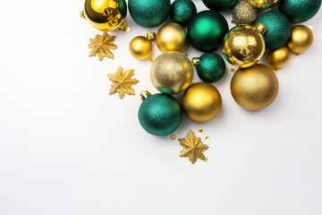 Christmas festive gold and green ornament decoration on white background. Generative AI