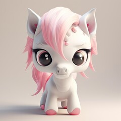 Cute Little Unicorn Character: Creative 3D Pony with Pastel Pink Hair and Big Eyes, a Fabulous Baby Pet Animal Art, Generative AI
