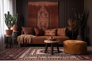 Elegant and Comforting Vacation Feel in a Cozy Living Room with an Ethnic Boho Decoration. Generative AI