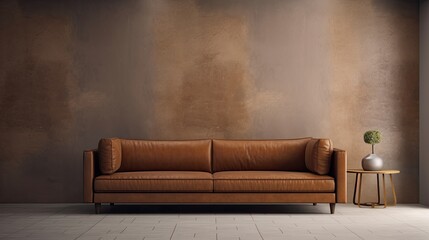 Create a Simple and Elegant Interior with a Brown Leather Sofa: 3D Rendering Illustration, Generative AI