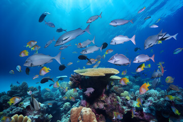 Fototapeta na wymiar a large group of fish swimming over a coral reef