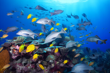 Fototapeta na wymiar a large group of fish swimming over a coral reef