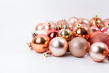 Christmas festive rose gold and red ornament decoration on white background. Generative AI