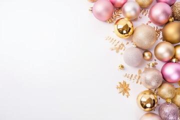 Fototapeta na wymiar Christmas festive gold and pink ornament decoration on white background. Generative AI