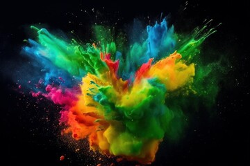 Plakat Colourful paint splashes in the shape of a love heart, Coloured powder explosion. Paint holi, Mix rainbow splash on isolated black background - Generative AI Illustration
