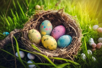 Fototapeta na wymiar Happy Easter Nest with easter eggs in grass on a sunny spring day Easter decoration background Generative AI