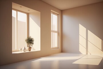 Minimalistic beige room with sunlight, empty room with a window Generative AI