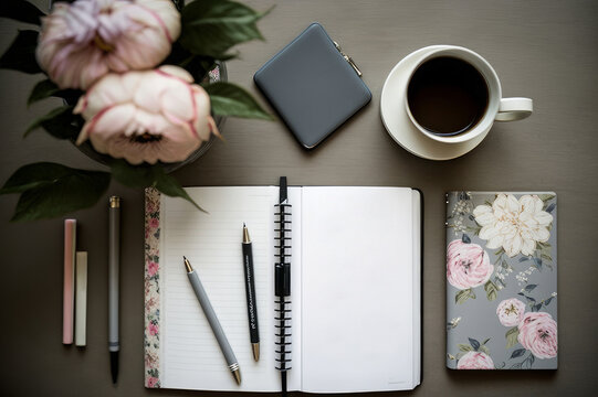 A table with a notebook, pen, and a cup of coffee and flowers. Generative AI