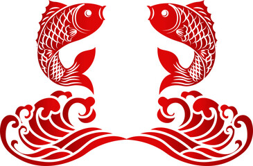 Chinese traditional red paper cutting art of carp fish and spiral curve ocean wave