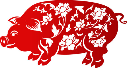 Chinese traditional red paper cutting art of pig with flower pattern decoration