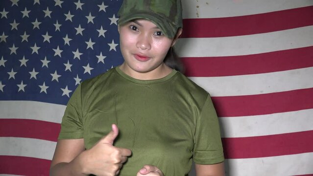 Stern Army Female Soldier Talking With Usa Flag