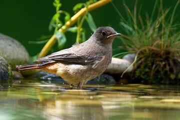 Black redstart ( Phoenicurus ochruros) stands in the water of a bird watering hole. Czechia. 