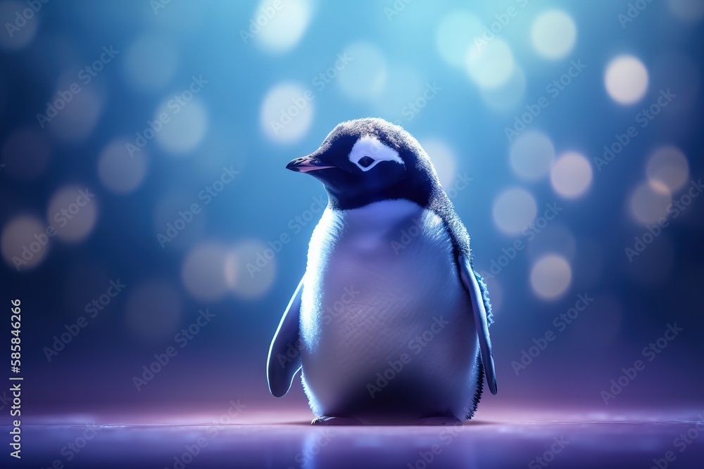 Poster a small penguin sitting on the ground in front of a blue background with boke of light coming from t
