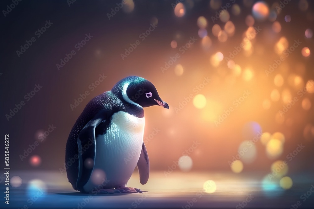 Poster a small penguin is sitting on the floor in the dark with a blurry light behind it and a boke of ligh