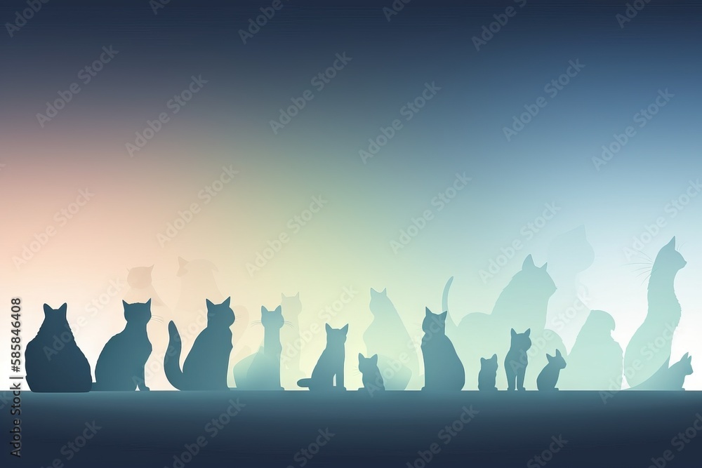 Poster a group of cats sitting in a row in front of a blue and pink background with a sky in the background