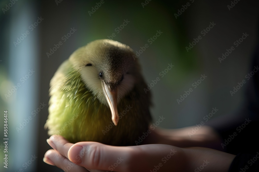 Poster a person holding a small bird in their hand with a blurry background of a tree in the background and