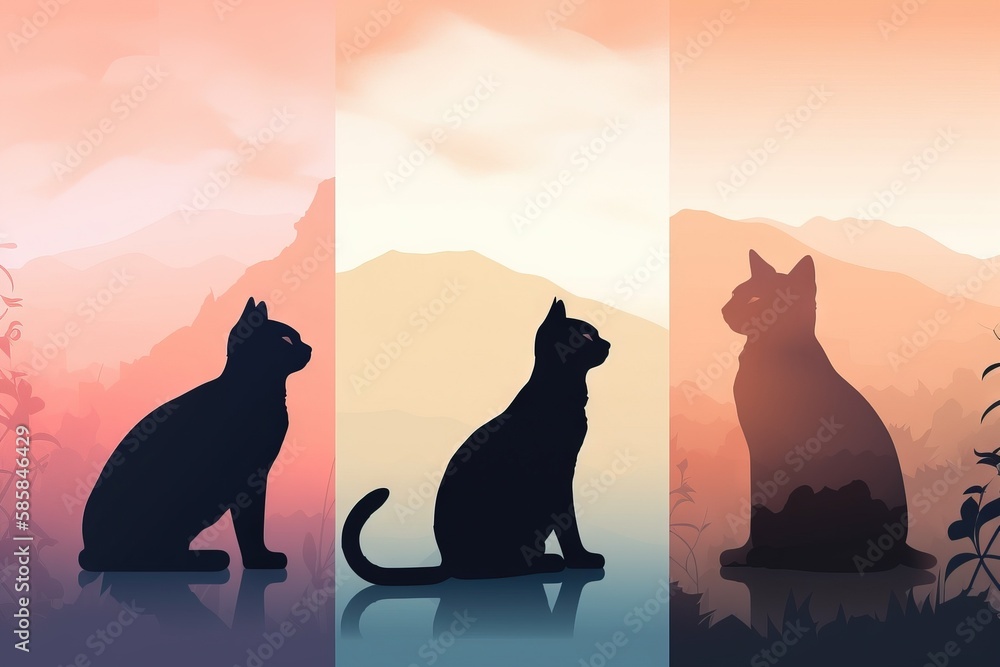 Poster three silhouettes of a cat and a cat sitting on a rock in front of a mountain range at sunset or daw