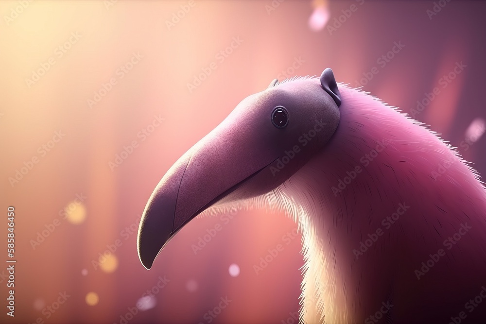 Poster a close up of a bird with a pink beak and a pink background with a blurry light behind it and a blur