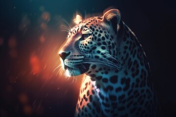 Fototapeta na wymiar a close up of a cheetah in the dark with a bright light behind it and a blurry image of the head of a cheetah cheetah. generative ai