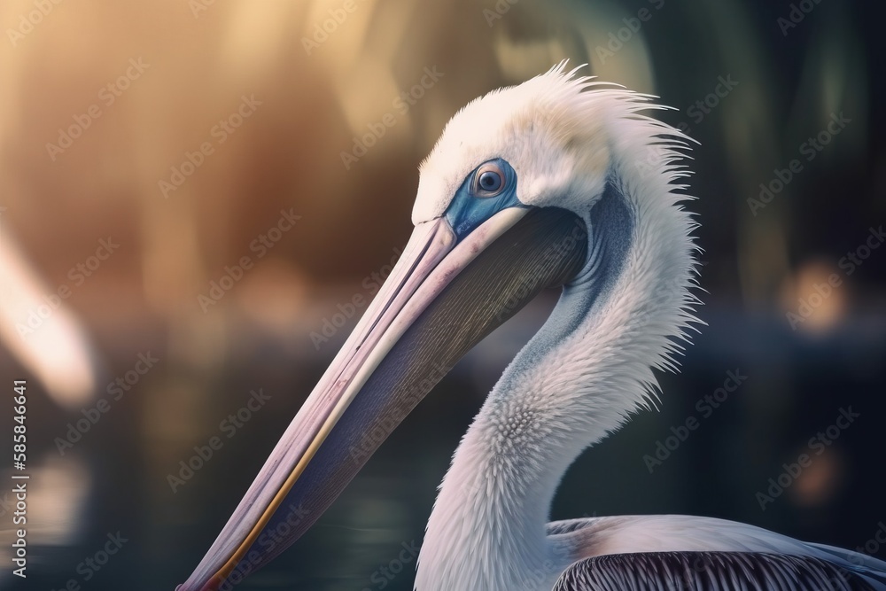 Poster a close up of a bird with a long neck and a long bill with a blurry background of water and trees in