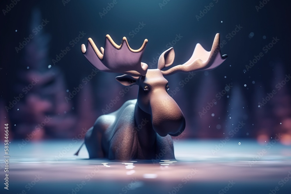Poster a moose with a crown on its head is in the middle of the water and is looking at the camera with a s