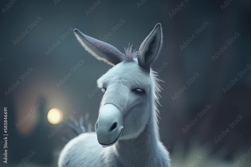 Poster a white donkey with a long nose and a white nose is standing in a field at night with a bright light
