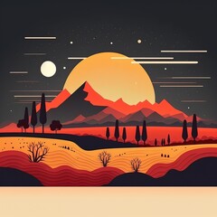 Minimalistic flat design landscape illustration. Created using generative AI tools