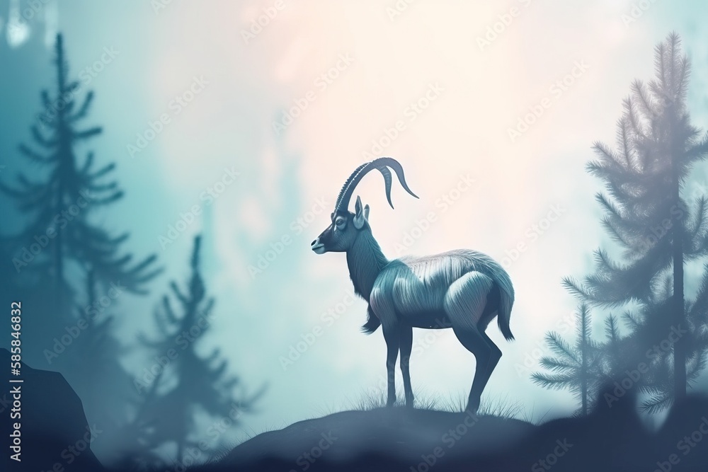 Poster a goat standing on a hill in the middle of a forest with trees in the foreground and a foggy sky in 