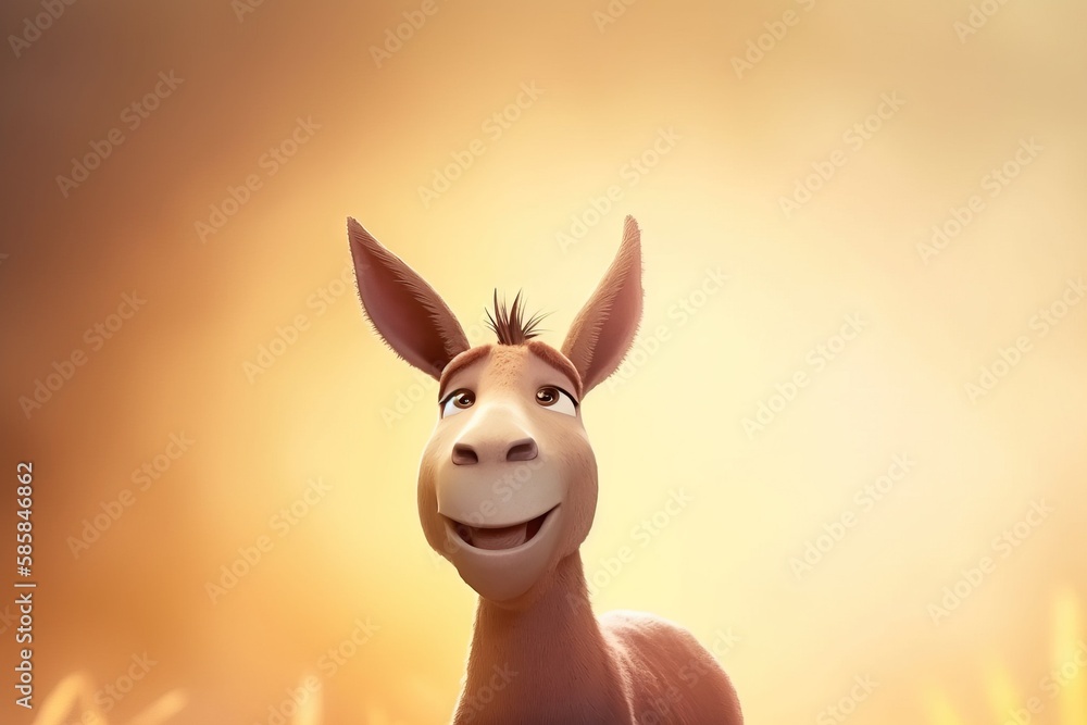 Aufkleber a donkey with a smile on its face standing in a field of grass with the sun behind it and the sky in