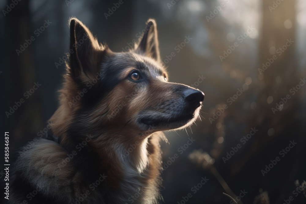 Poster a close up of a dog in a forest looking up at something in the air with a blurry background of trees
