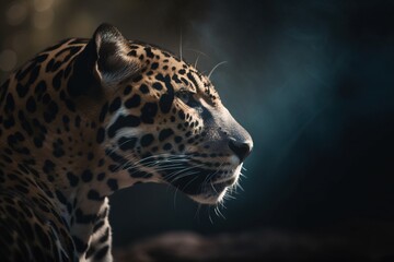 Fototapeta na wymiar a close up of a leopard's face with a dark background and a spot of light coming from the top of the head and the head. generative ai