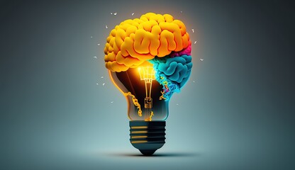 Illustration of a light bulb with brain ideas. Created using generative AI tools