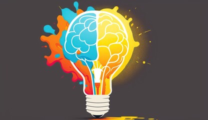 Illustration of a light bulb with brain ideas. Created using generative AI tools