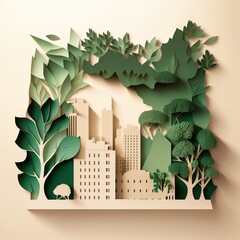 
Illustration of light green dark green and beige leaf city. Created using generative AI tools