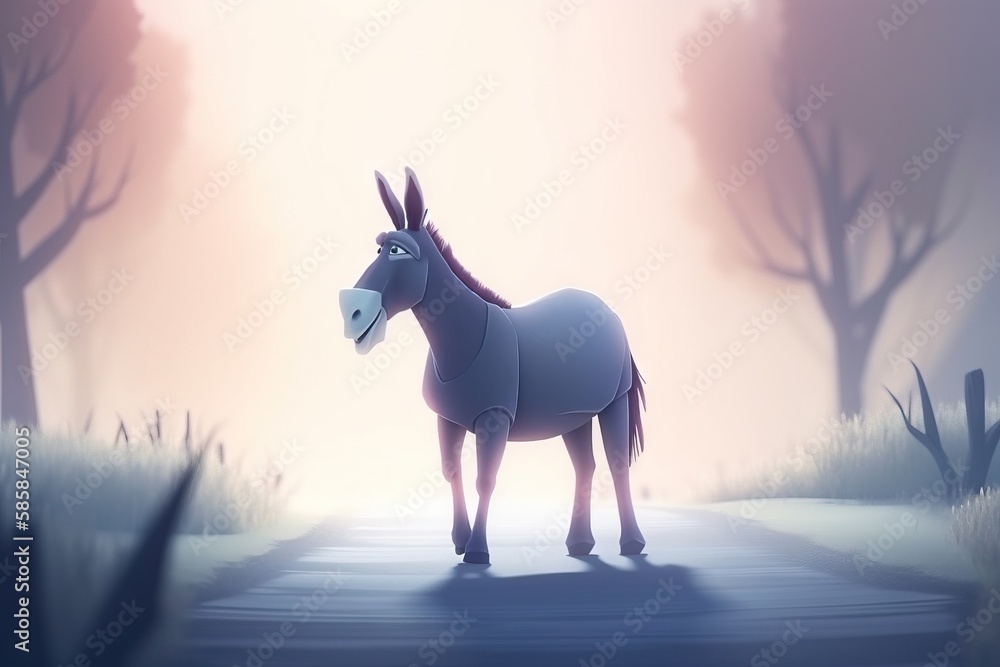Poster a cartoon donkey standing on a path in a forest with trees and fog in the background, with a white l