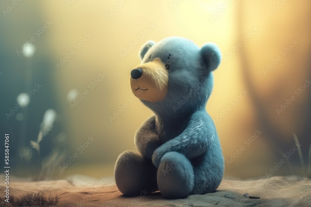 Poster a blue bear sitting in the middle of a forest with dandelions in the background and a soft light shi
