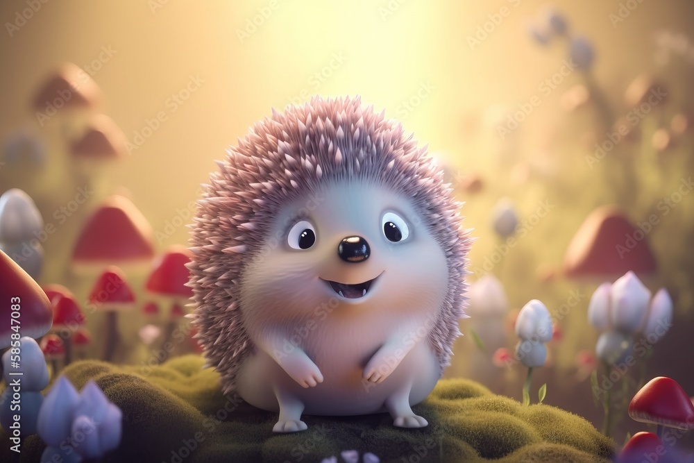 Poster a cartoon hedge standing in a field of flowers and mushrooms with a light shining on him and smiling