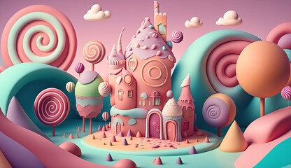 Fantasy illustration of a small pastel-colored Candyland. Created using generative AI tools
