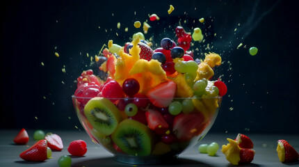Fruit salad in a bowl with splashes on a black background. Generative AI