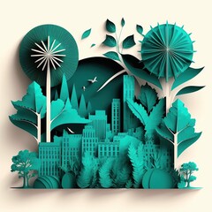 Illustration of Turquoise leaf image in the paper art. Created using generative AI tools