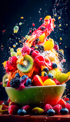 Fruit salad in a bowl with splashes on a black background. Generative AI