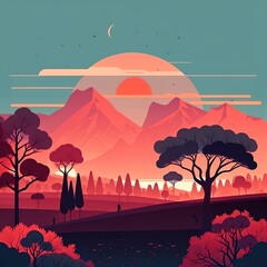 Minimalistic flat design landscape illustration. Created using generative AI tools