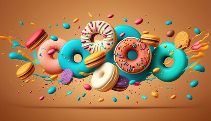 Falling colorful donuts and macaron. Created using generative AI tools