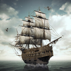vintage wooden sailing ship, antique maritime vessel, high-resolution image, generative AI
