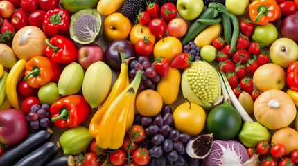 Vegetables and fruits background. Healthy food concept. Top view. Generative AI