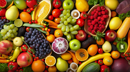 Naklejka na ściany i meble Vegetables and fruits background. Healthy food concept. Top view. Generative AI