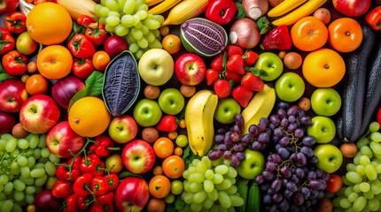 Vegetables and fruits background. Healthy food concept. Top view. Generative AI