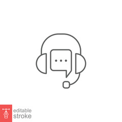 CRM line icon. Headset with bubble speech. Testimonials and customer relationship management concept. Simple outline style. Vector illustration isolated on white background. Editable stroke EPS 10.